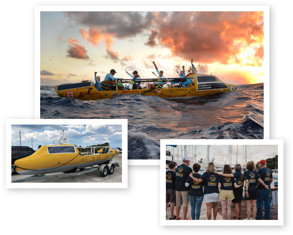 A collage of three photos showing the 2018 Row4ALS team arriving at sunset in Antigua, an image of the yellow boat, and friends and family members in Row4ALS shirts. 